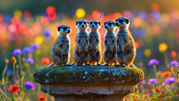 A group of five meerkats standing on a stone pedestal amidst a vibrant flower field at sunset photo
