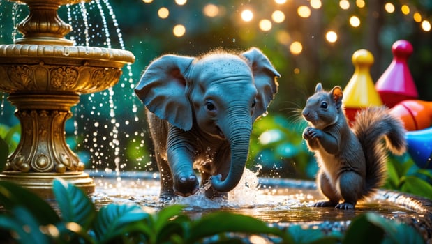Playful elephant splashes water near a curious squirrel in a vibrant garden with decorative lights photo
