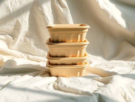 Three small plastic containers sitting on top of a white cloth photo