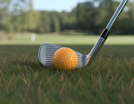 Orange Golf Ball on Grass with Club Behind photo