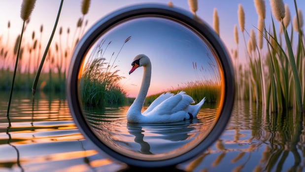 Serene swan gliding on tranquil water at sunset, surrounded by lush reeds and vibrant colors photo