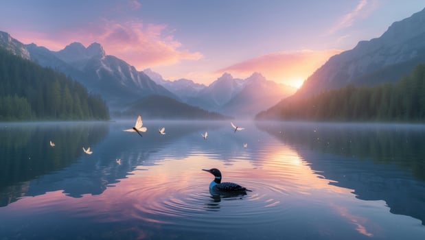 Serene lake at sunrise with a duck swimming, surrounded by mountains and flying birds in the background photo