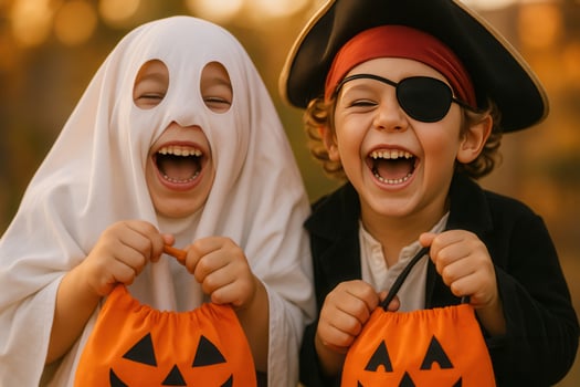 HAppy kids in halloween costumes laughing with pumpkin bags outdoors photo