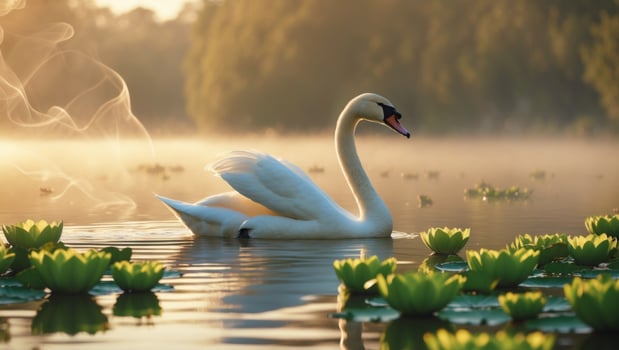 Elegant swan gracefully gliding through a serene lake surrounded by lush lily pads at dawn photo