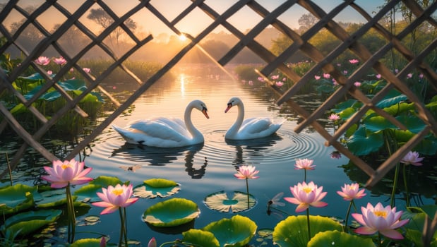 Serene swans gracefully gliding on a tranquil pond surrounded by blooming lotus flowers at sunrise photo
