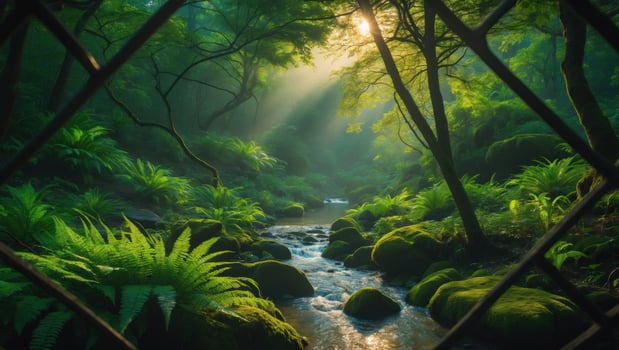 Serene forest landscape with sunlight filtering through trees, illuminating a tranquil stream and lush ferns photo