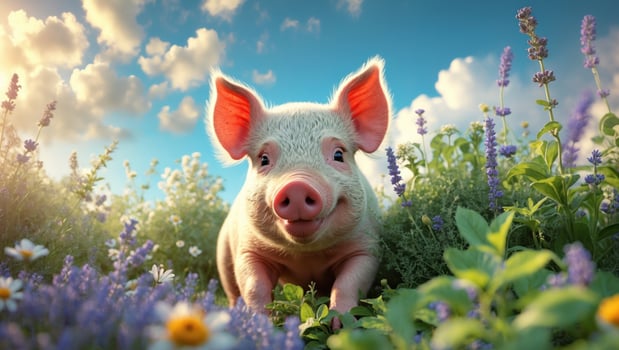 Happy piglet playing in a vibrant flower field under a sunny sky, showcasing nature's beauty photo