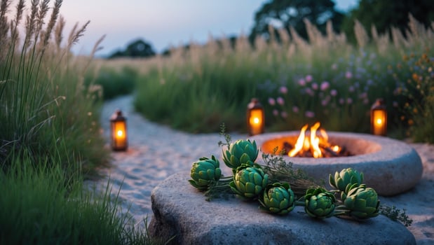 Tranquil outdoor gathering with a stone fire pit, artichokes arranged, lanterns glowing at dusk photo