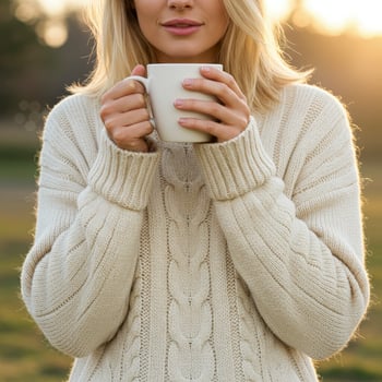Cozy moment Woman with a warm drink in golden light photo