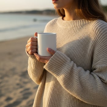Woman in a cozy sweater holding a white mug on a sandy beach at golden hour photo