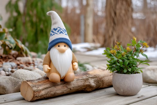 Wooden gnome sitting on a log in a garden photo