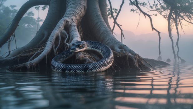 Serene river scene featuring a snake resting on roots at dawn, surrounded by misty landscape photo