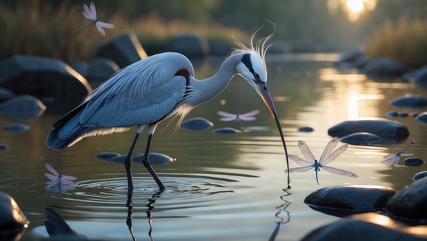 Elegant heron fishing in a serene river at sunrise, surrounded by colorful dragonflies and rocks photo