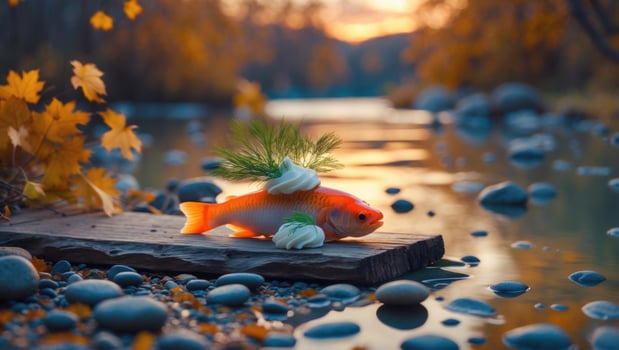 Vibrant orange fish elegantly presented on a wooden plank beside a serene river at sunset photo