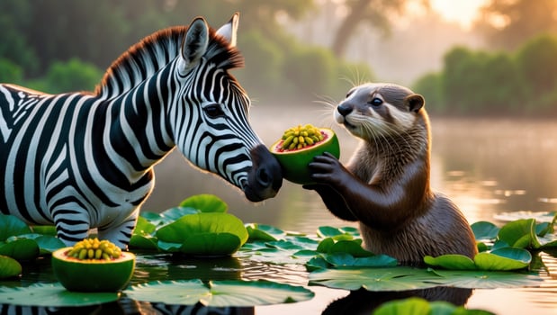 Playful zebra and otter sharing a bowl of fruit in a serene water lily pond at sunrise photo