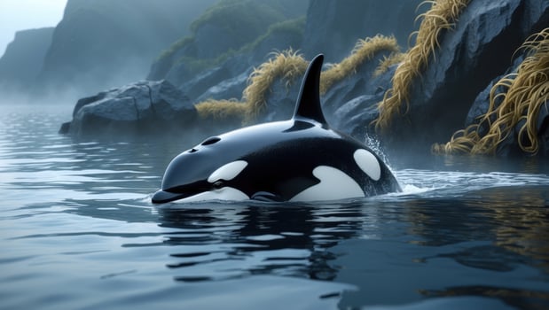Majestic orca swimming gracefully in serene waters, surrounded by rocky coastline and misty atmosphere photo