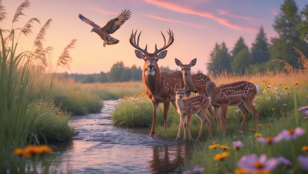 Majestic deer family standing by a serene stream at sunset, with a bird soaring above in a lush meadow photo