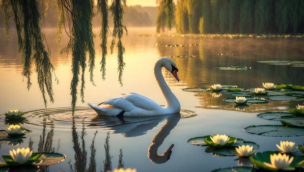 Elegant swan gliding on a serene lake surrounded by water lilies at sunrise, reflecting nature's beauty photo