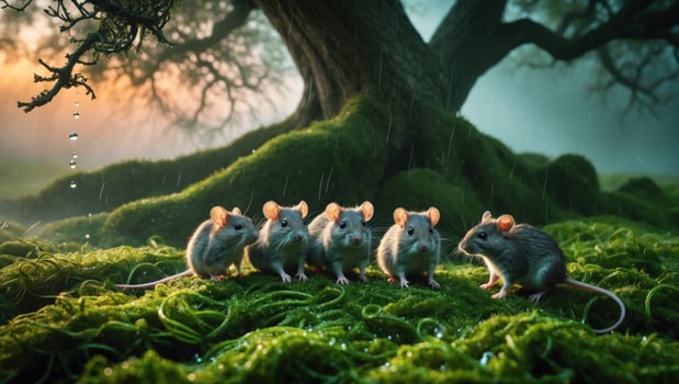 Five adorable mice with orange ears gather on lush green moss under a mystical tree at dawn photo