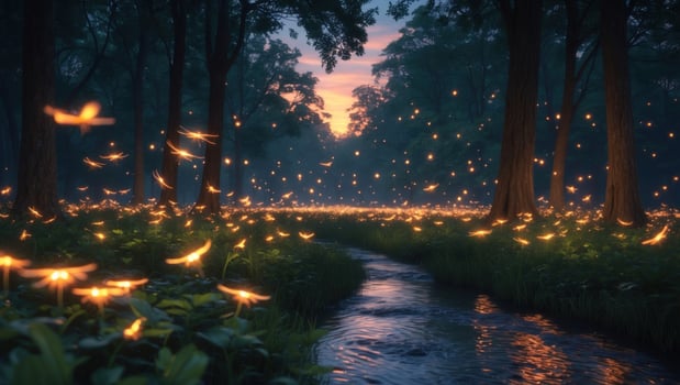 Enchanting twilight scene with glowing fireflies dancing over a serene stream in a lush forest photo