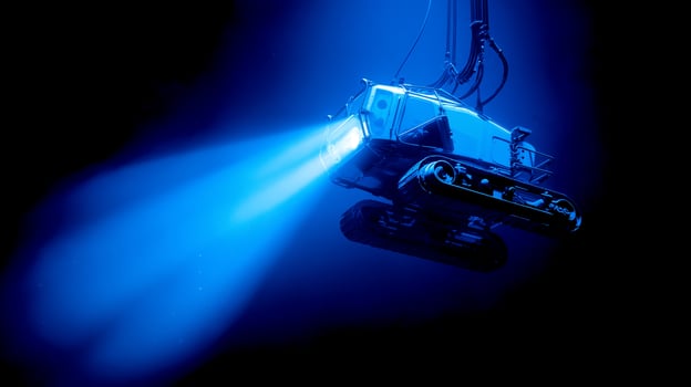 Deep sea mining robot with powerful lights operates underwater extracting polymetallic nodules. Industrial machine harvests cobalt, manganese metals from ocean floor for battery tech. photo