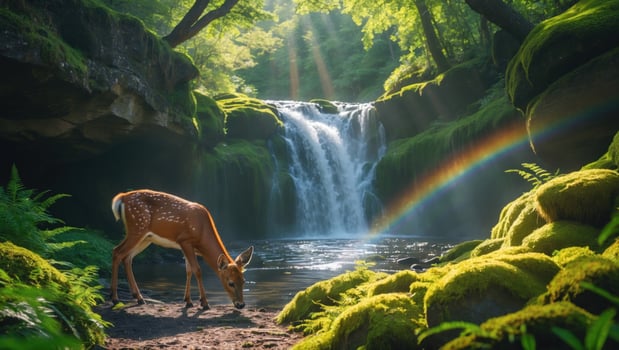 A serene fawn grazing by a tranquil waterfall in a lush, green forest with a rainbow in the background photo