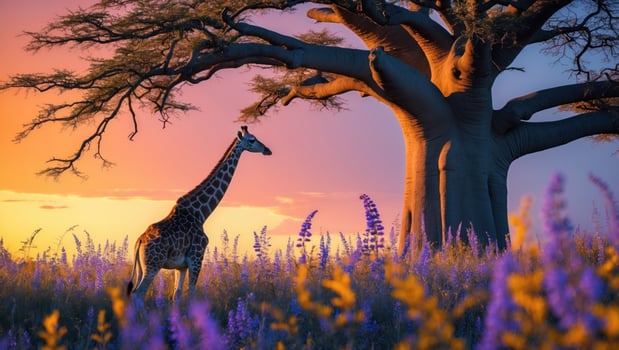 Majestic giraffe stands gracefully near a large baobab tree at sunset, surrounded by vibrant flowers photo