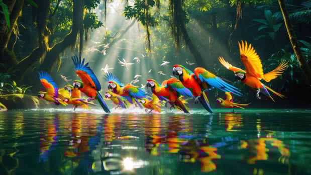 Vibrant flock of macaws flying over a serene jungle river, sunlight filtering through lush trees photo