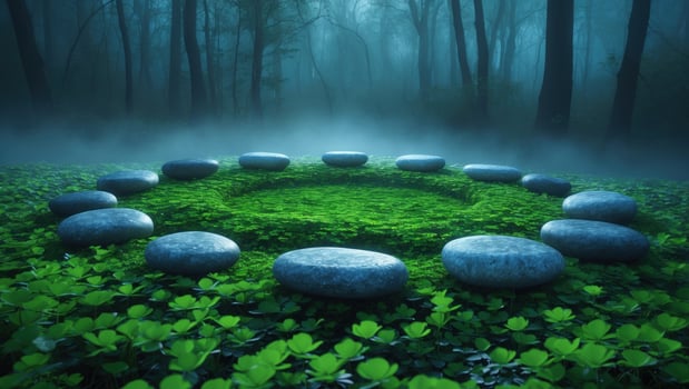 Serene circular stone arrangement surrounded by lush green foliage in a misty forest setting photo