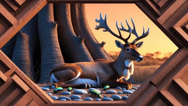 Majestic deer resting peacefully by a large baobab tree with colorful beetles on stones at sunset photo