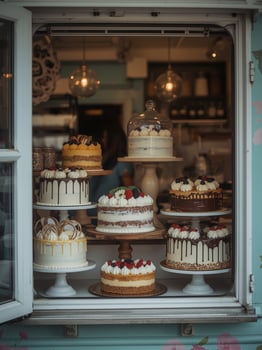 Delicious Cakes Displayed in a Charming Bakery Window photo