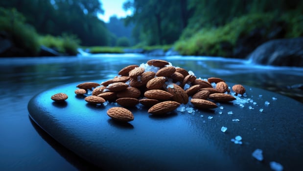 A serene riverside scene featuring a pile of almonds sprinkled with salt on a smooth stone photo