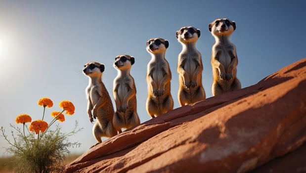 Group of meerkats standing on a rock formation under a clear sky, with wildflowers in the foreground photo