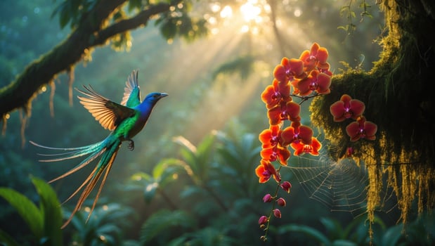 Vibrant hummingbird hovering near colorful orchids in a lush, sunlit rainforest with soft light beams photo