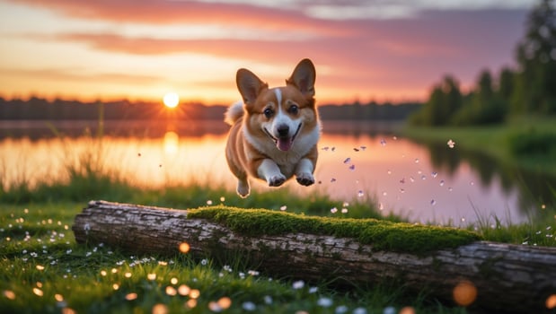 Happy corgi leaps over a log at sunset by a serene lake, surrounded by wildflowers and greenery photo