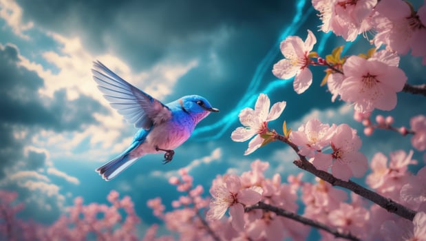 Colorful bluebird flying near blooming cherry blossoms under a dramatic sky with swirling clouds photo