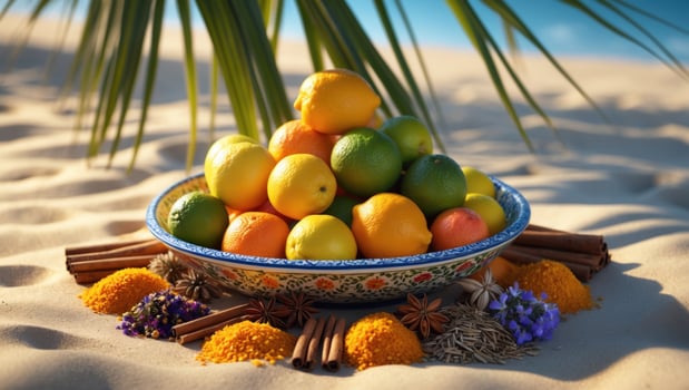 Vibrant assortment of citrus fruits in a decorative bowl on sandy beach with spices and flowers photo