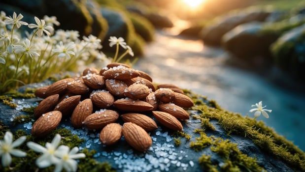 A close-up of almonds sprinkled with salt on a mossy rock by a serene stream during sunset photo