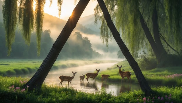 Serene morning scene with deer drinking from a river, framed by trees and misty mountains in the background photo