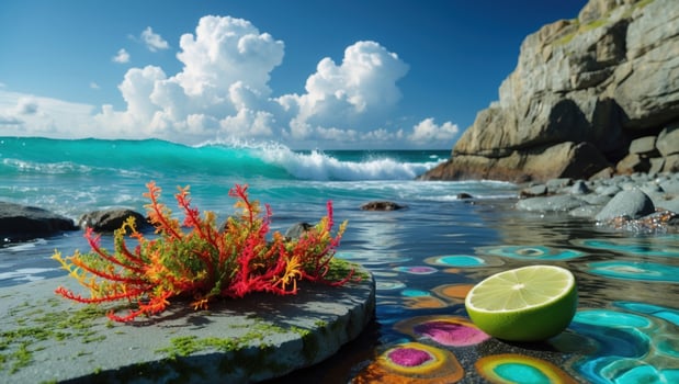 Vibrant seaside scene with colorful pebbles, seaweed, and a lime on a rock, waves crashing in background photo