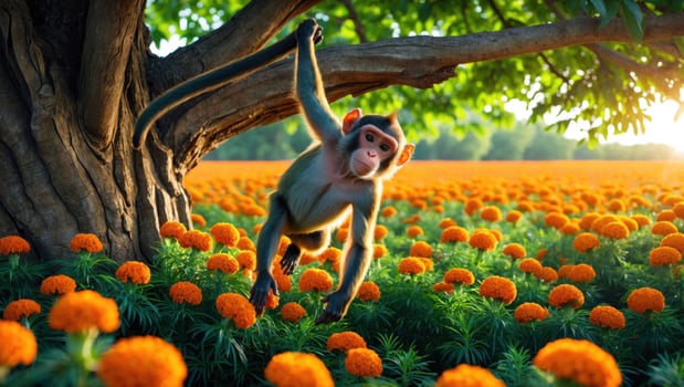 Playful monkey swinging from a tree branch in a vibrant marigold flower field at sunset photo