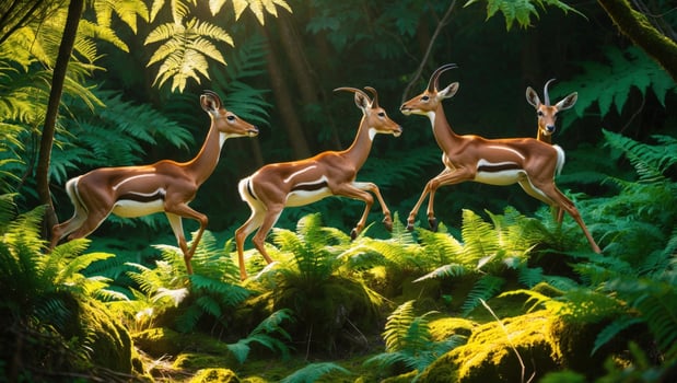 Four graceful antelopes running through a lush green forest, surrounded by vibrant ferns and sunlight photo