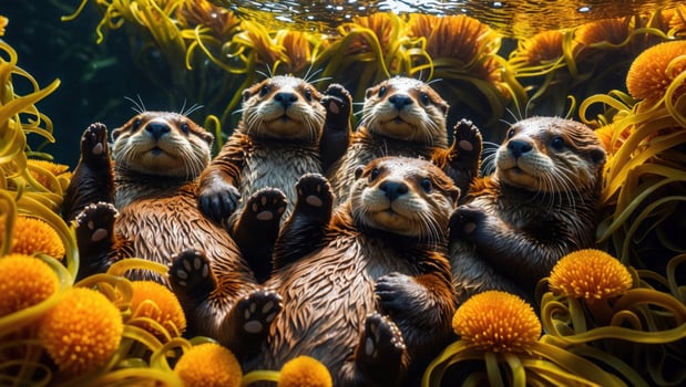 Playful otters floating among vibrant underwater plants, showcasing their playful nature in a serene habitat photo