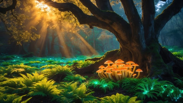 Enchanted forest scene with glowing mushrooms under a majestic tree illuminated by sunlight photo