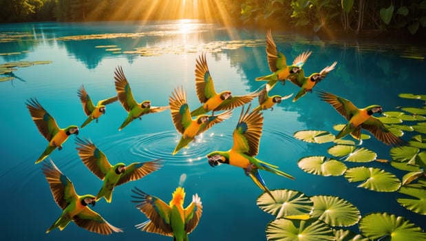 Vibrant flock of colorful parrots flying over a serene lake at sunset, surrounded by lush greenery photo