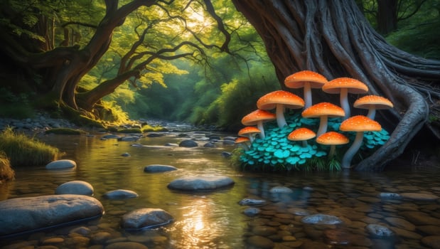 Vibrant orange mushrooms grow beside a serene river in a lush green forest at sunset photo