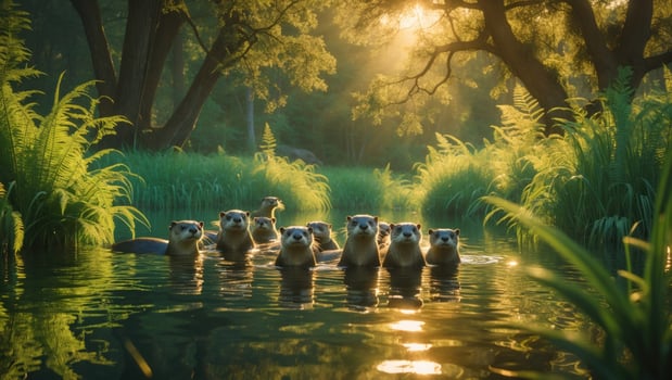 Group of playful otters swimming in a serene pond surrounded by lush greenery at sunrise photo
