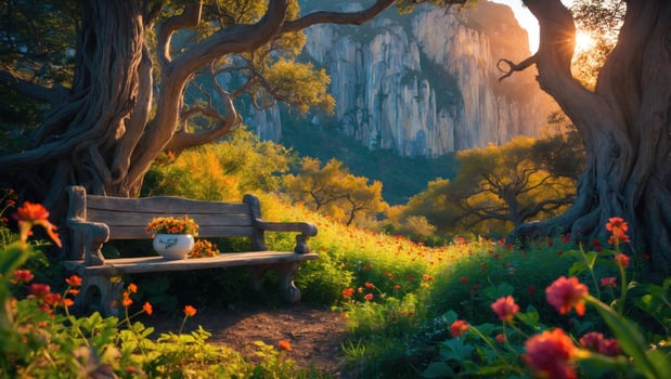 Serene garden scene with a wooden bench adorned with flowers, surrounded by vibrant nature and mountains photo