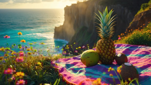 Vibrant picnic scene with tropical fruits on a colorful blanket overlooking a scenic coastal cliff photo