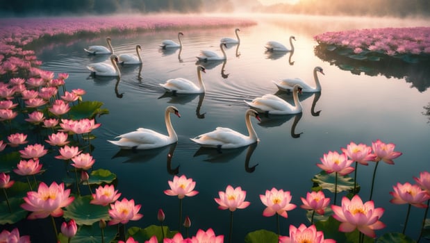 Serene scene of swans gracefully swimming in a tranquil lake surrounded by blooming lotus flowers at dawn photo